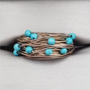 Genuine Blue Turquoise Multi Bead 925 Sterling Silver Artisan Wire Ring